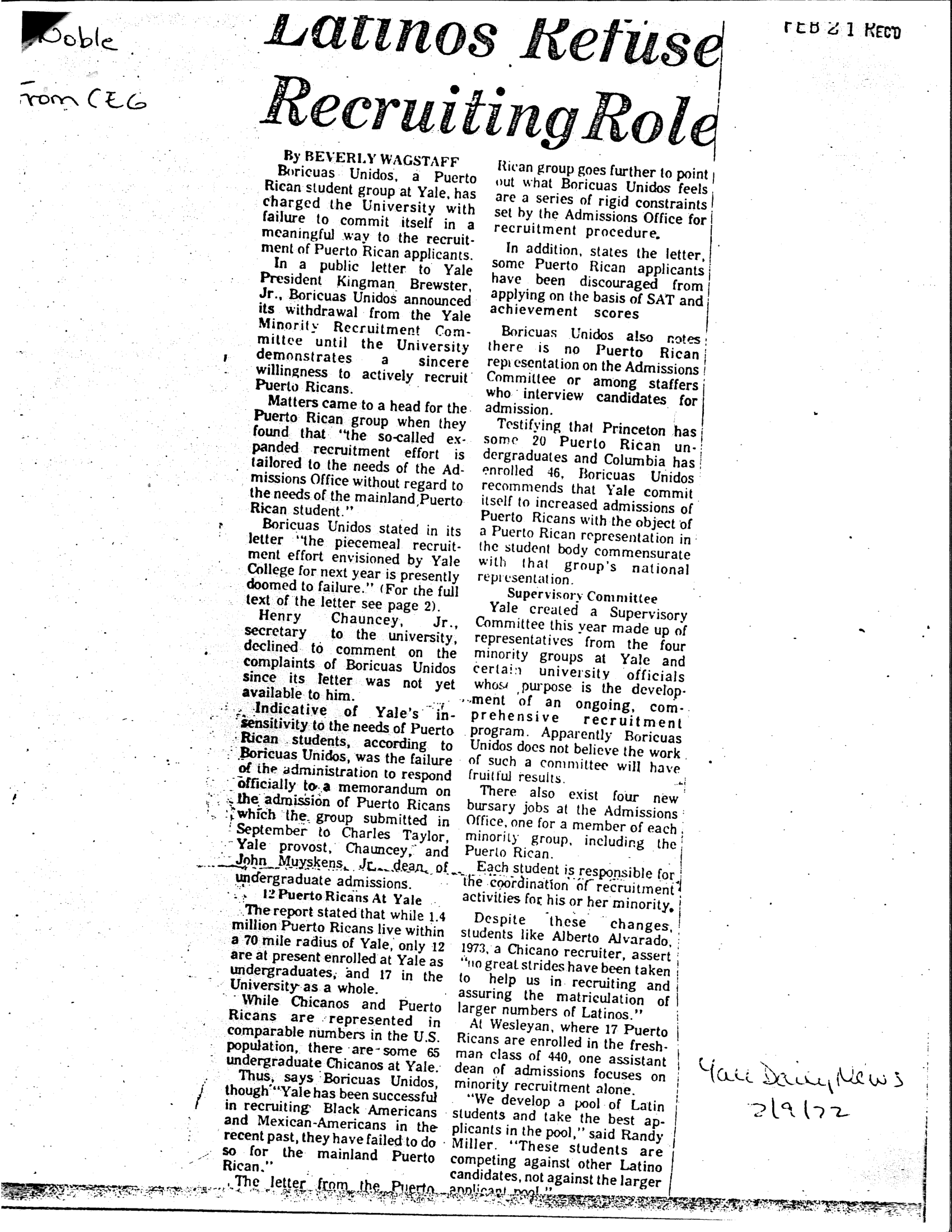 Yale Daily News, February 21, 1972